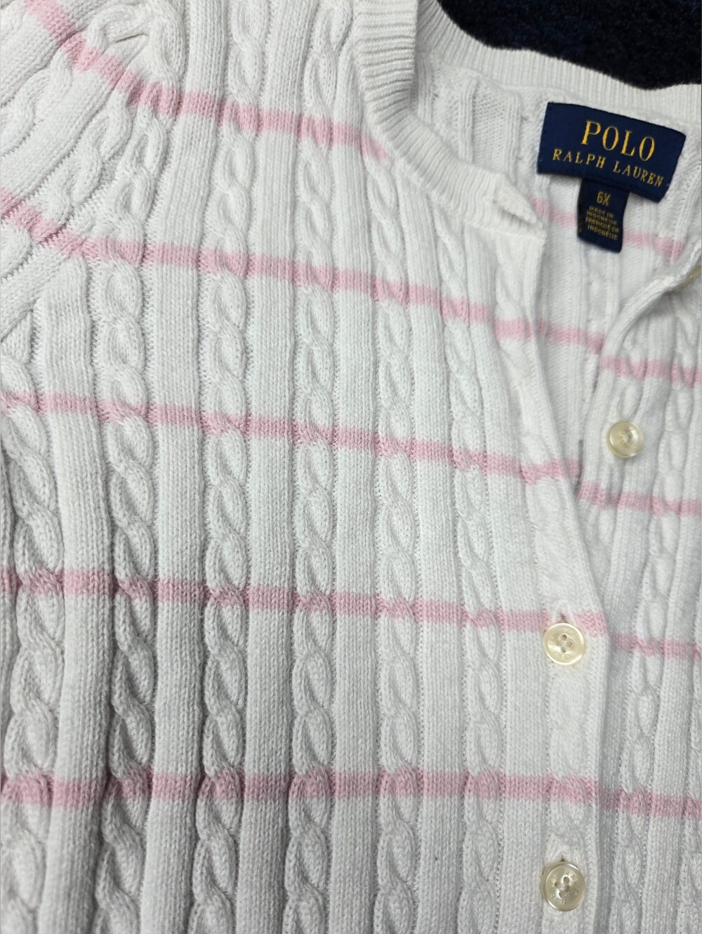 Ralph Lauren White Cable-Knit Cardigan with Light Pink Stripes - Picture 5 of 8